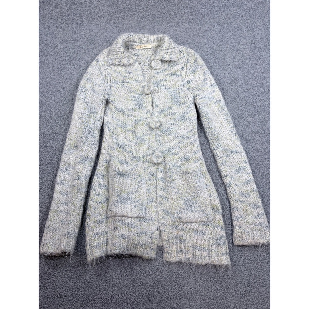 Free People Cardigan Women XS Gray Blue Chunky Knit Button Front Boho Sweater